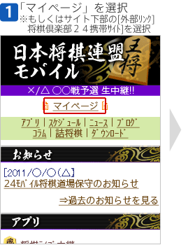 [1]「マイページ」を選択。もしくはサイト下部の[外部リンク]将棋倶楽部２４携帯サイト]を選択